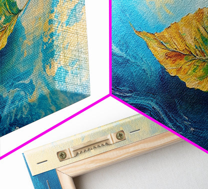 Leaf in Water, blue and green wall art, coastal decor, wabi sabi art, extra wide art, panoramic painting, Canvas Print, gift idea