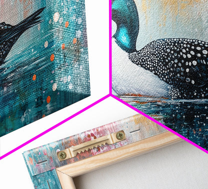 Loon Swimming Art, bird art, teal wall art, nature painting, lake decor, moody art, framed canvas print, rustic wall art