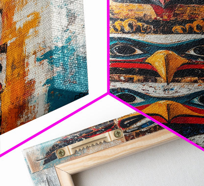 Totem Pole Art Framed Canvas Print Rustic Wall Decor Native American Art Tribal Home Decor Lodge Artwork Cabin Wall Art Southwest Boho