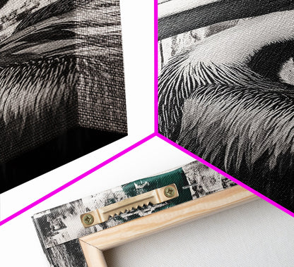 Pelican Portrait, wildlife wall art, coastal nature painting, black and white bird decor, modern beach house print, framed canvas print