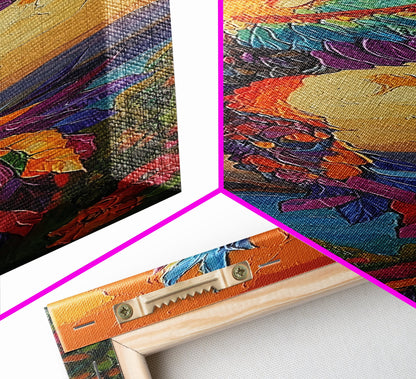 Phoenix Firebird, Sunset, Framed Canvas Print, Vibrant Mythical Wall Art, Boho Spirit Animal Decor, Bold Bedroom Statement Piece