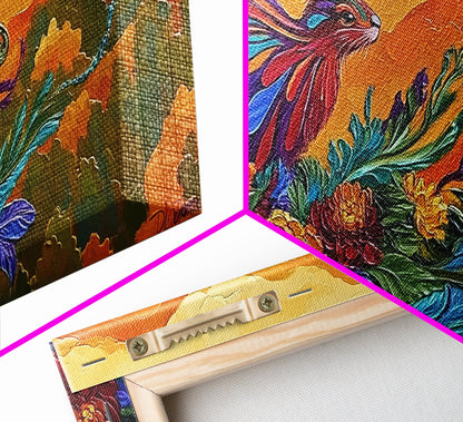 Rabbit Flowers, Fantasy, Autumn, Framed Canvas Print, Whimsical Fall Wall Art, Nursery Decor, Woodland Animal Art, Boho Autumn Style