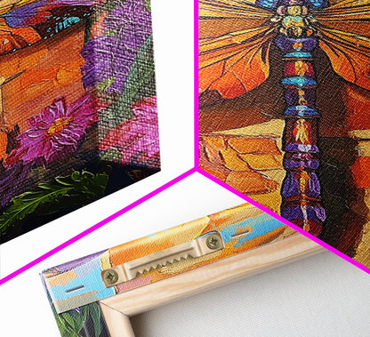 Dragonfly Floral, Bold, Nature, Framed Canvas Print, Boho dragonfly wall art, vivid nature insect painting, Bathroom or Entryway Art