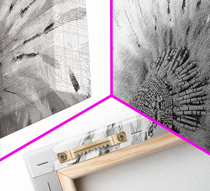 Native Headdress, Feather Crown, Cultural Tribute, Canvas Print, Boho Tribal Decor, Bedroom Wall Art, Monochrome Indigenous Style