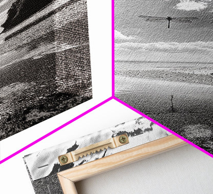 Dragonfly Flight, Beach View, Nature Dream, Framed Canvas Print, Whimsical Wall Art, Surreal Living Room Decor, Black and White Nature Style