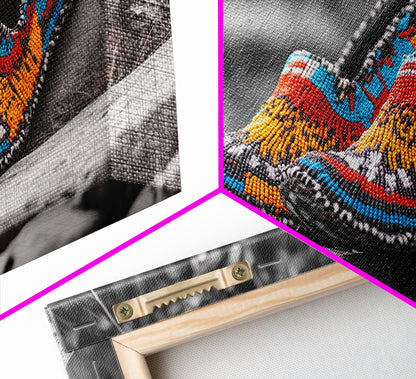 Native Beaded Shoes, Color Pop, Bohemian Style, Tribal Art, Framed Canvas Print, Rustic Wall Art, Entryway Decor, Ethnic Home Accent