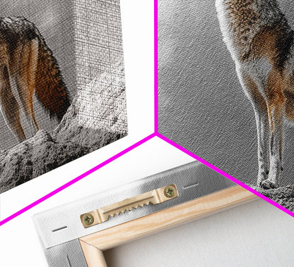 Howling Coyote Peak, Desert Wildlife Portrait, Majestic Animal Scene, Framed Canvas Print, Cabin Decor, Nature Wall Art, Minimalist Vibe