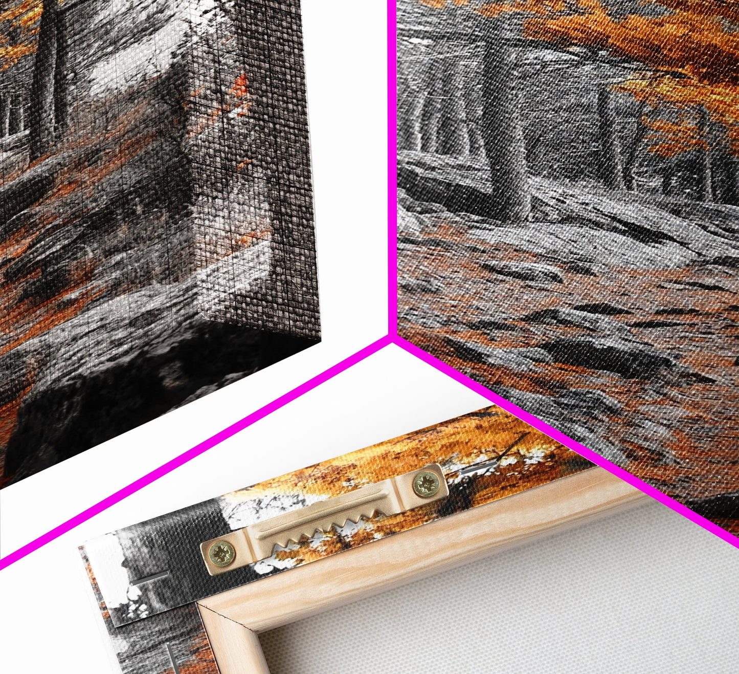 Autumn Forest Path, Orange Leaves, Rocky Woods Trail, Tranquil Nature, Framed Canvas Print, Fall Decor, Cabin Wall Art, Rustic Style