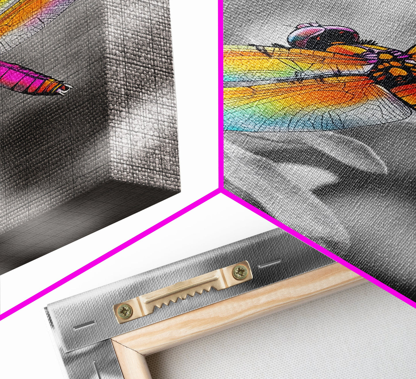 Rainbow Dragonfly, Vibrant Bug, Botanical Contrast, Framed Canvas Print, Nature Inspired Art, Bedroom Wall Decor, Whimsical Garden Accent