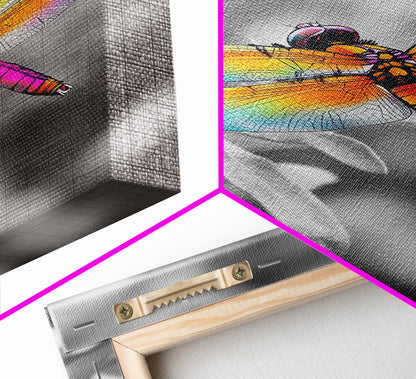 Rainbow Dragonfly, Vibrant Bug, Botanical Contrast, Framed Canvas Print, Nature Inspired Art, Bedroom Wall Decor, Whimsical Garden Accent