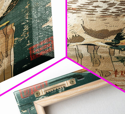 Majestic Hawk Perched On Weathered Stump Textured Background Skinny Art Tall Art Framed Canvas Print Japanese Style Art Ukiyo-e Art Wood Block Print