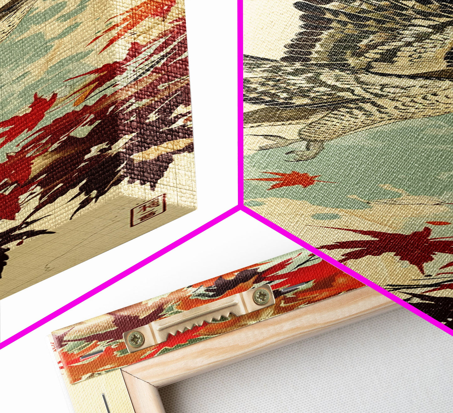 Hawk In Flight Among Red Maple Leaves Tall Art Skinny Art Framed Canvas Print Japanese Style Art Ukiyo-e Wood Block Print