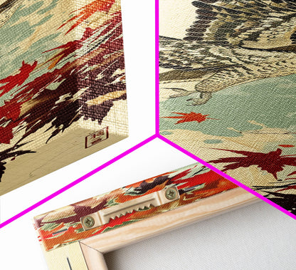 Hawk In Flight Among Red Maple Leaves Tall Art Skinny Art Framed Canvas Print Japanese Style Art Ukiyo-e Wood Block Print