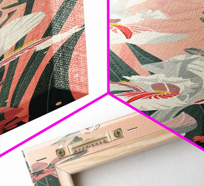 Woodpecker Perched on Stalks of Flowers against a Soft Pink Background Ukiyo-e Art Japanese Framed Canvas Print Skinny Tall Art