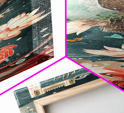 Majestic Eagle Japanese Art Skinny Wall Art Framed Canvas Print Soaring Above Lotus Flowers in Serene Water Scene