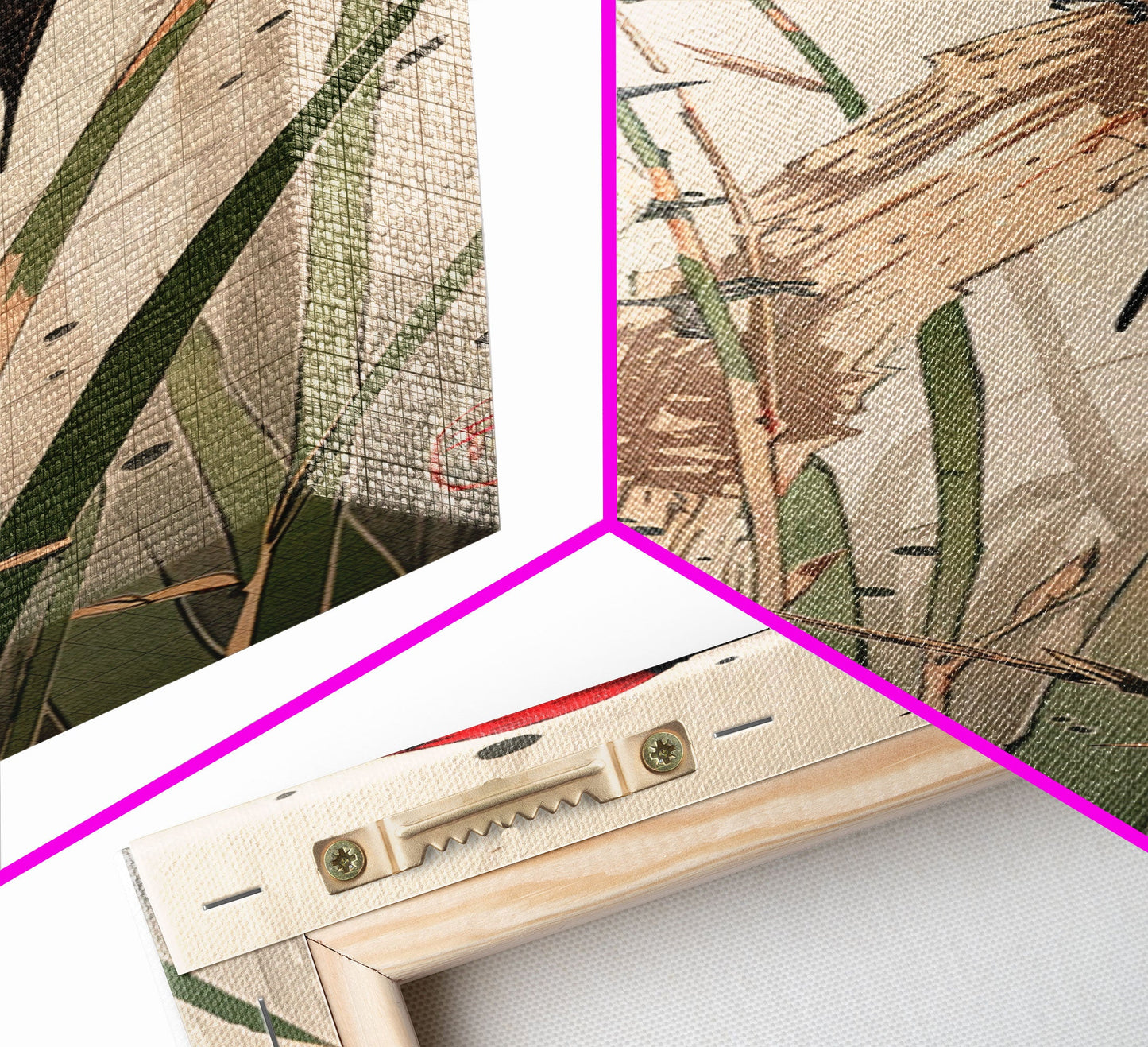 Detailed Woodpeckers Perched On Stems Amid Nature For Rustic Wall Art Ukiyo-e Japanese Style Art Skinny Framed Canvas Print