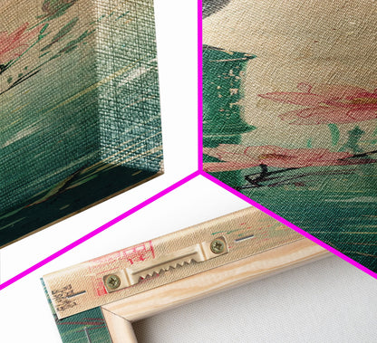 Tall Skinny Art Japanese Style Wood Block Print Bird Perched On Bamboo By A Pond With Flowers In Ukiyo-e Style For Framed Canvas Print