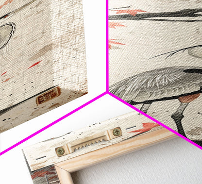 Herons On Autumn Branches Skinny Art Wood Block Print Japanese Style Art Framed Canvas Print Tall Art Ukiyo-e Art