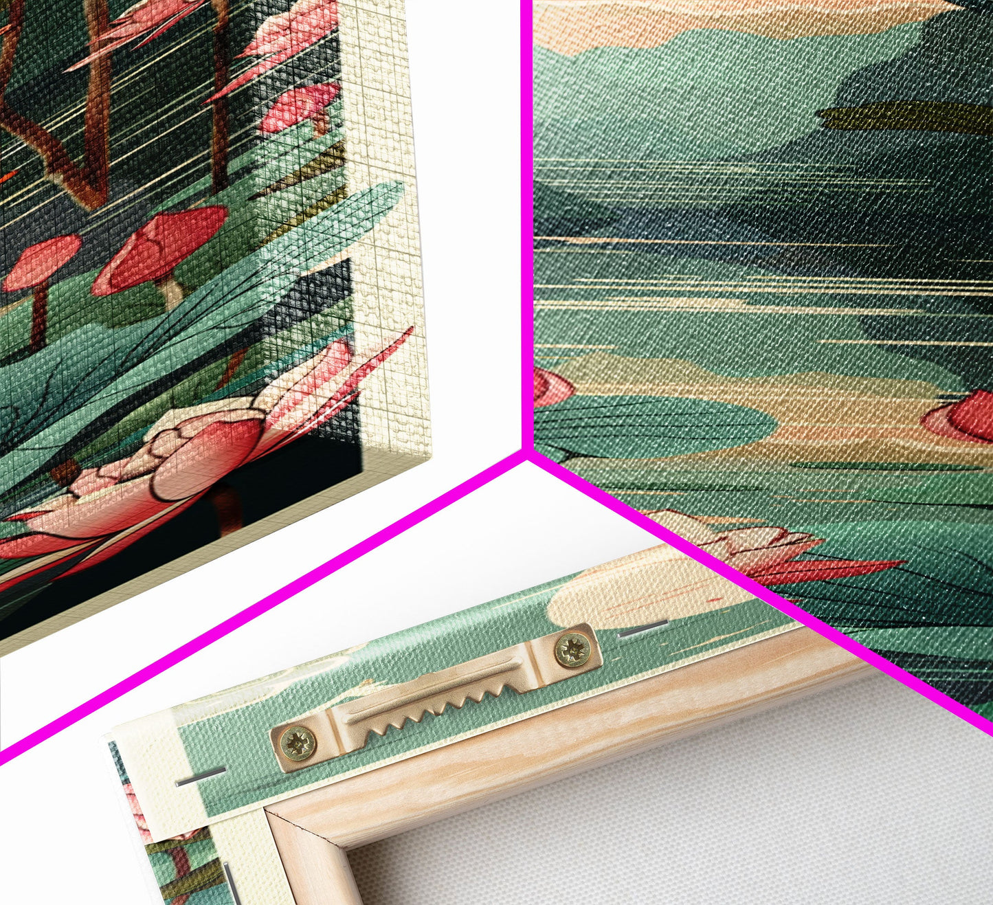 Majestic Eagle Over Lotus Pond Skinny Art Tall Art Japanese Ukiyo-e Inspired Nature Framed Canvas Print for Home and Office