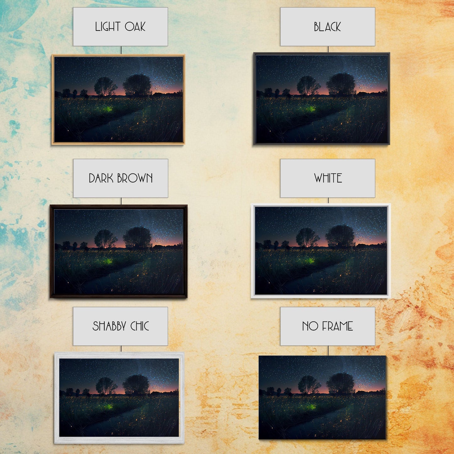 Fireflies light up the Oklahoma Prairie under a Starry night sky, framed canvas print