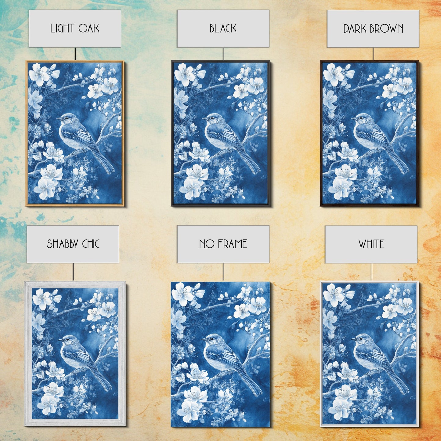 Blue Botanial Wall Art Chinoiserie Wall Art, White Bird, Blue Chinoiserie Home Decor, Botanical Print, Bird Painting, Ready To Hang