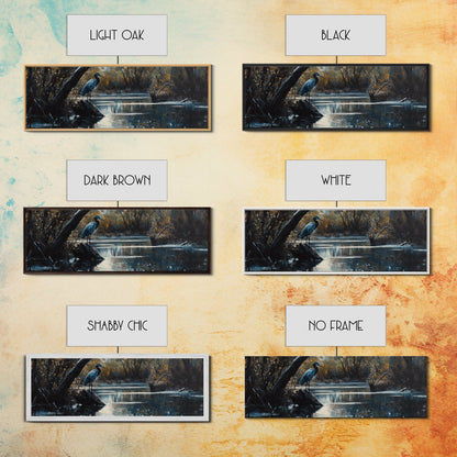 Blue Heron Wall Art, Framed Canvas Print, Nautical Home Decor, Blue Heron Painting, Panoramic Horizontal Wall Art