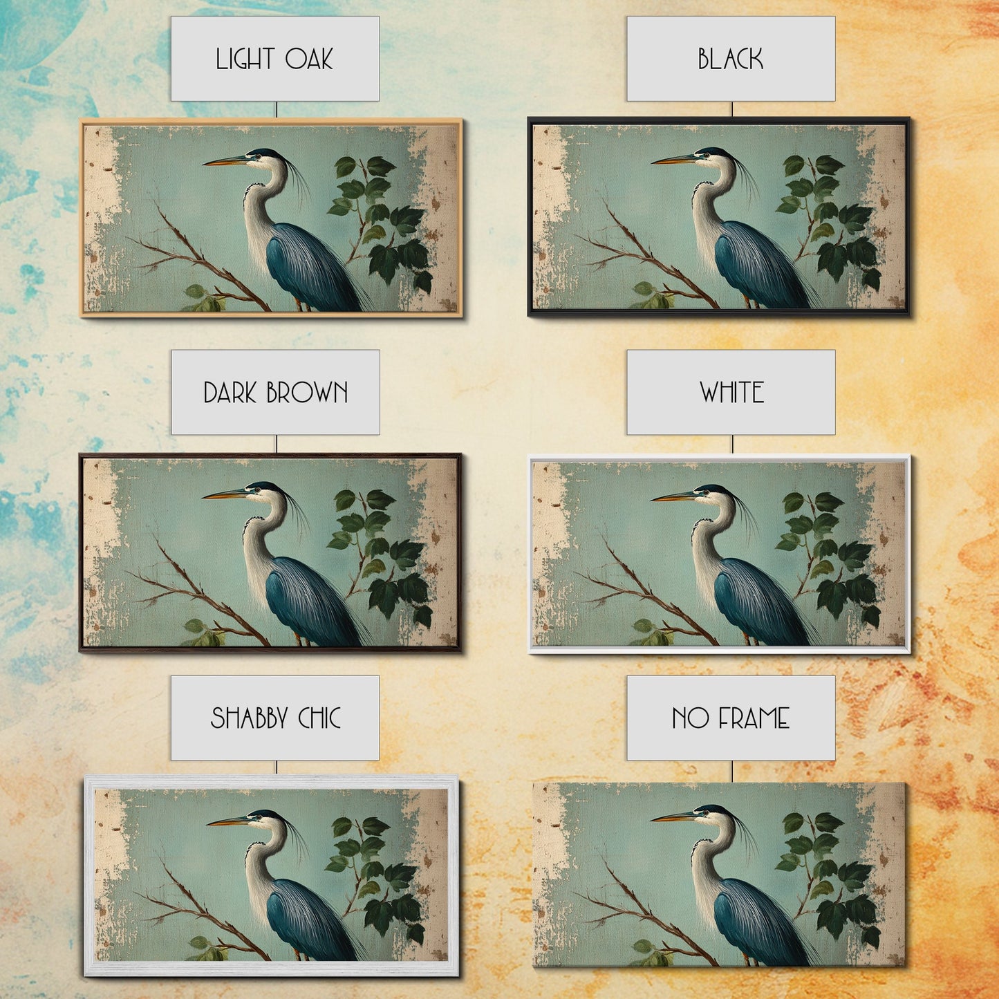 Funky Painting Print of a Blue Heron, Framed Canvas Print, Ready To Hang Wall Art, Great Blue Heron, Extra Large Bird Picture Painting