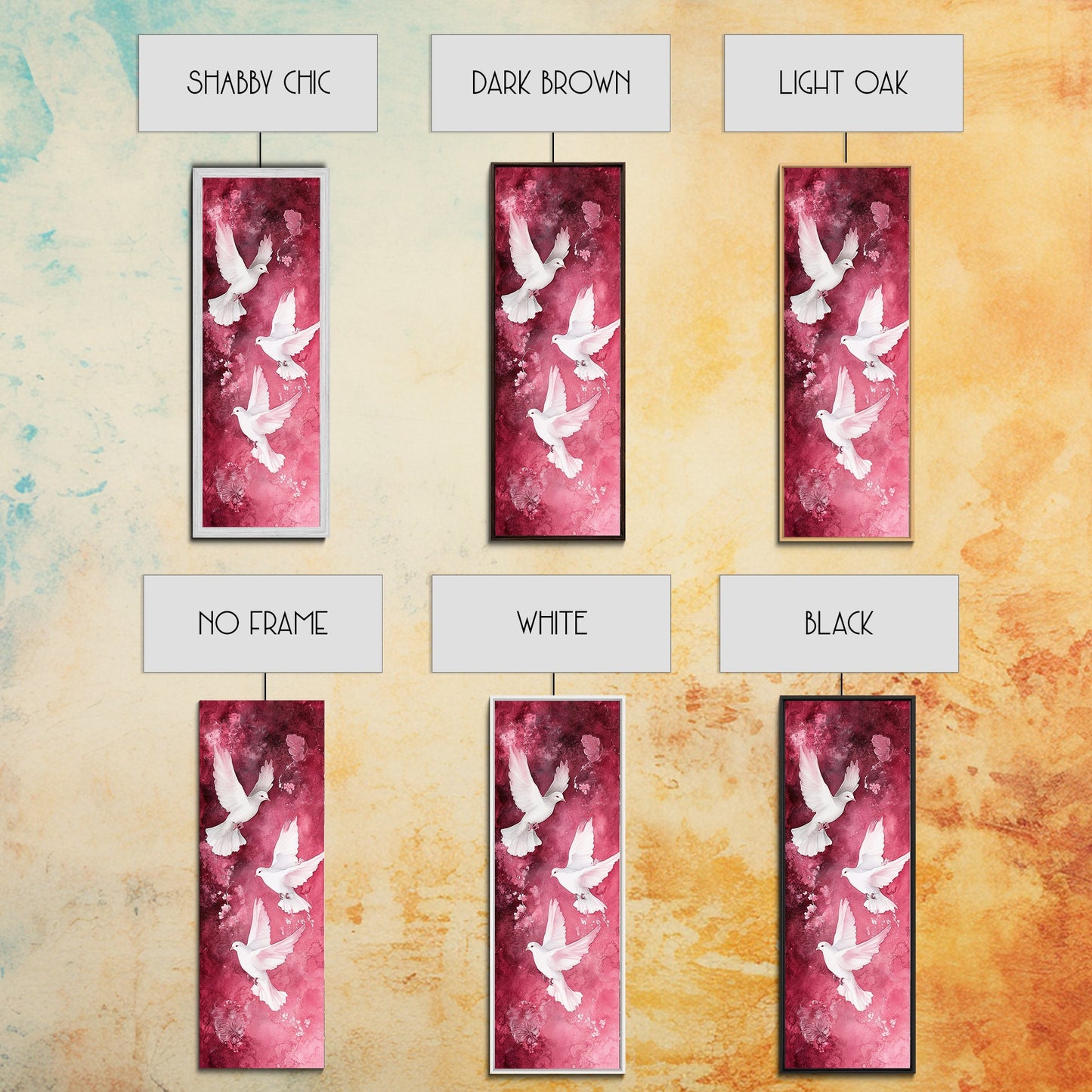 White Doves Canvas Print - Angel Art Prints on Burgundy Background, Symbolic Bird Art, Light Pink Abstract Vertical Wall Decor