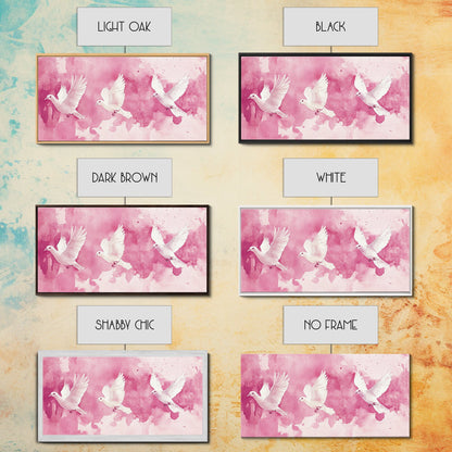 White Dove Flight Canvas Print | Angel Art Prints | Light Pink Wall Art | Minimalist Bird Art | Whimsical Living Room Decor Wall Art