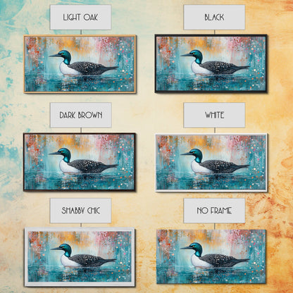 Loon Swimming Art, bird art, teal wall art, nature painting, lake decor, moody art, framed canvas print, rustic wall art