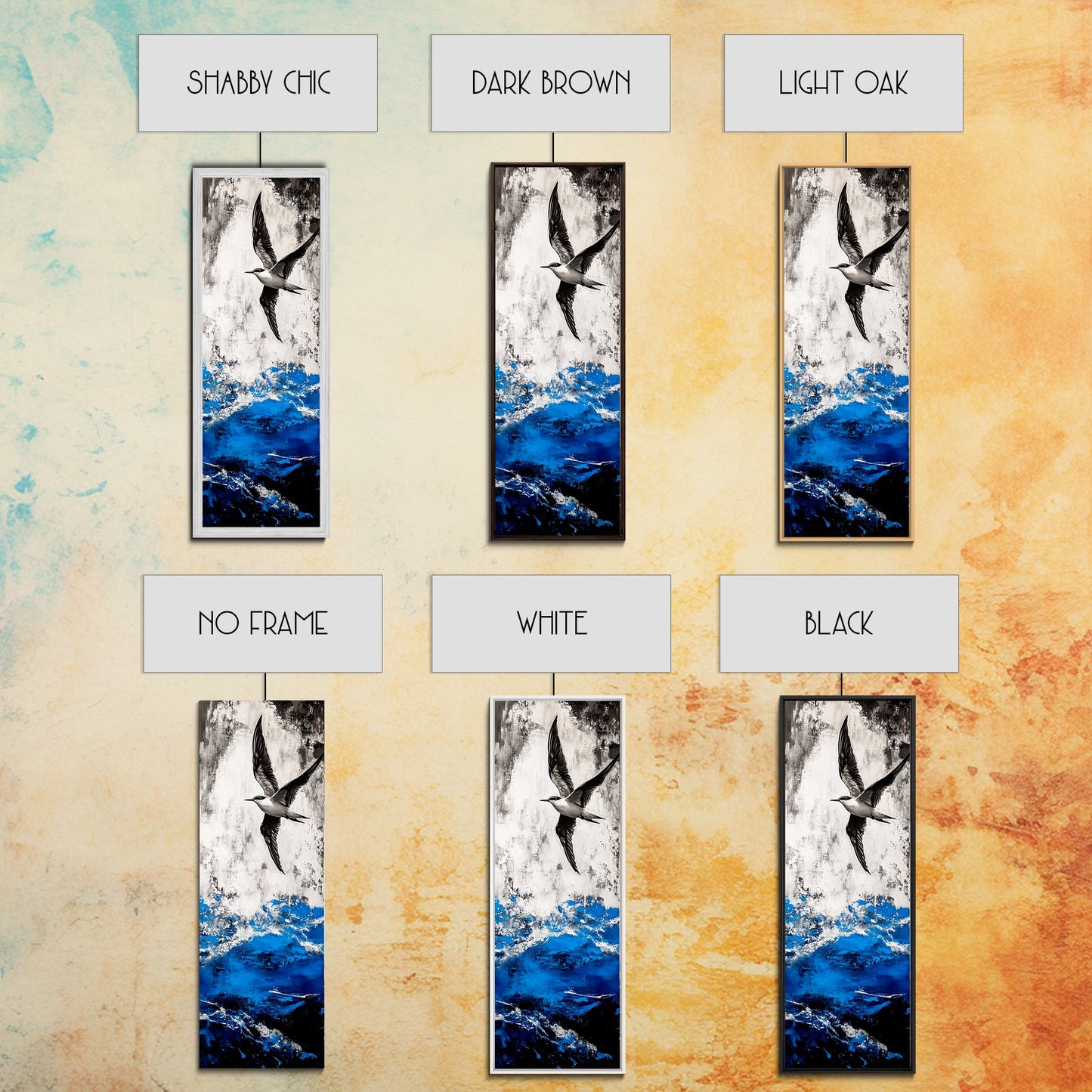 Ocean Bird, Stormy Waves, Blue and White, Framed Canvas Print, Nautical Wall Art, Minimalist Coastal Decor, Bedroom Artwork