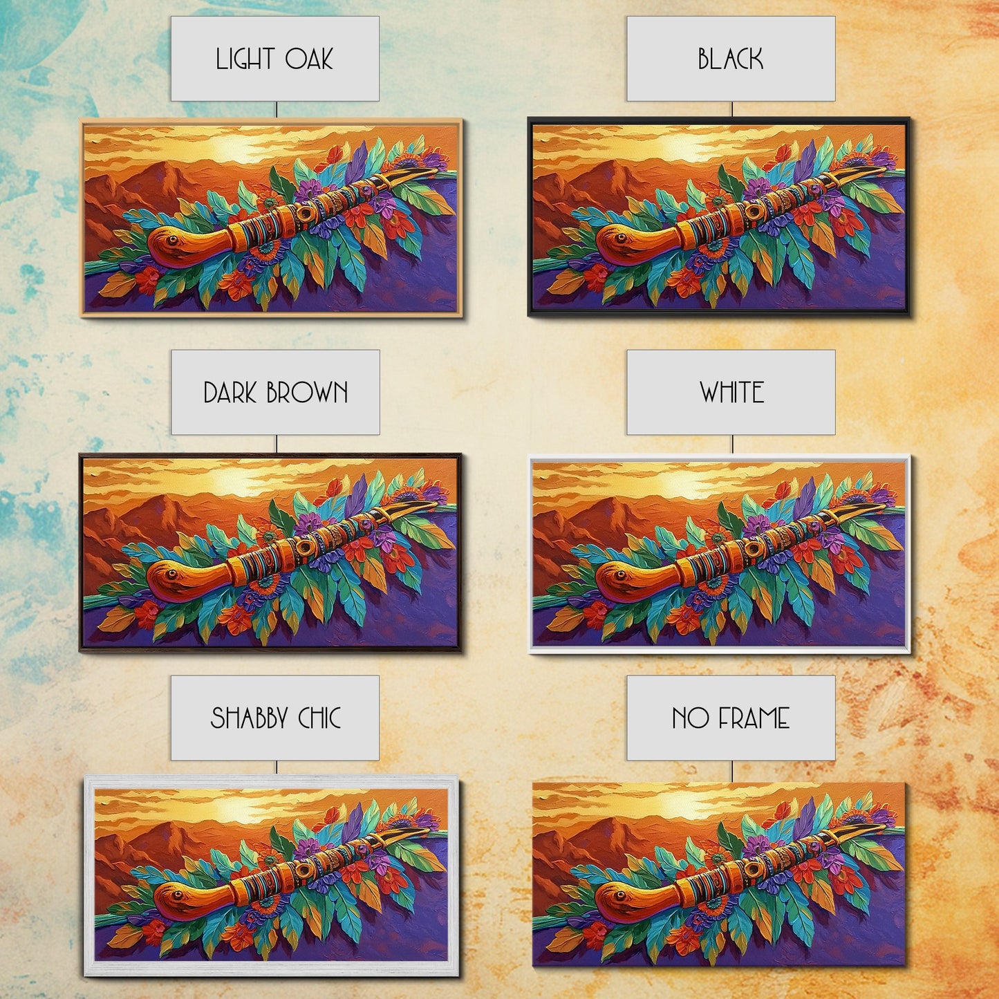 Native Flute, Flowers, Sunset, Framed Canvas Print, Spiritual Native American flute art with flowers and mountains, Boho Wall Art