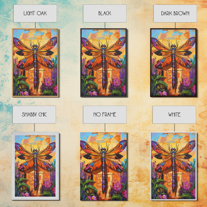 Dragonfly Floral, Bold, Nature, Framed Canvas Print, Boho dragonfly wall art, vivid nature insect painting, Bathroom or Entryway Art