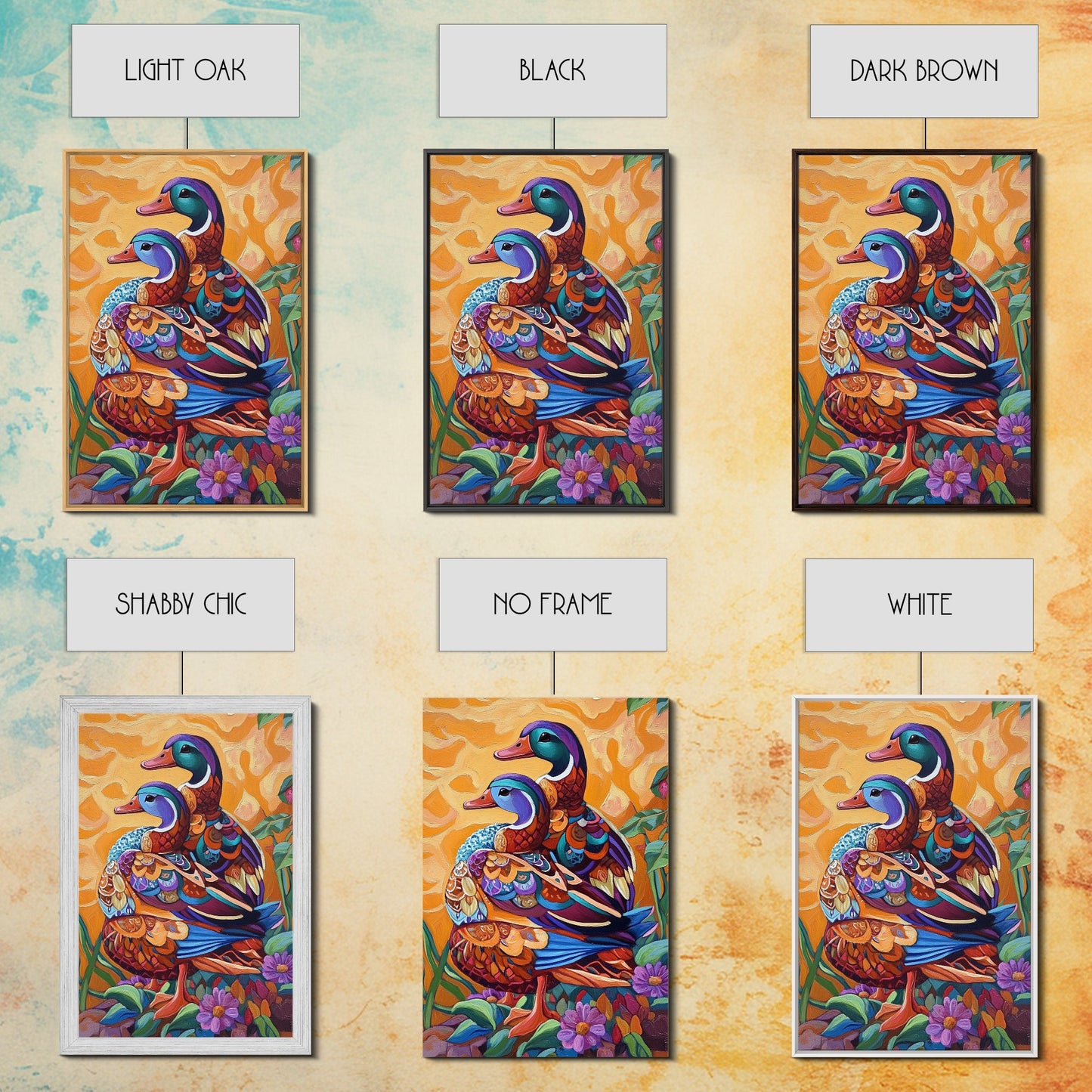 Ducks Colorful, Whimsical, Pair, Framed Canvas Print, Animal couple wall art, farmhouse nursery artwork, folk style bird painting