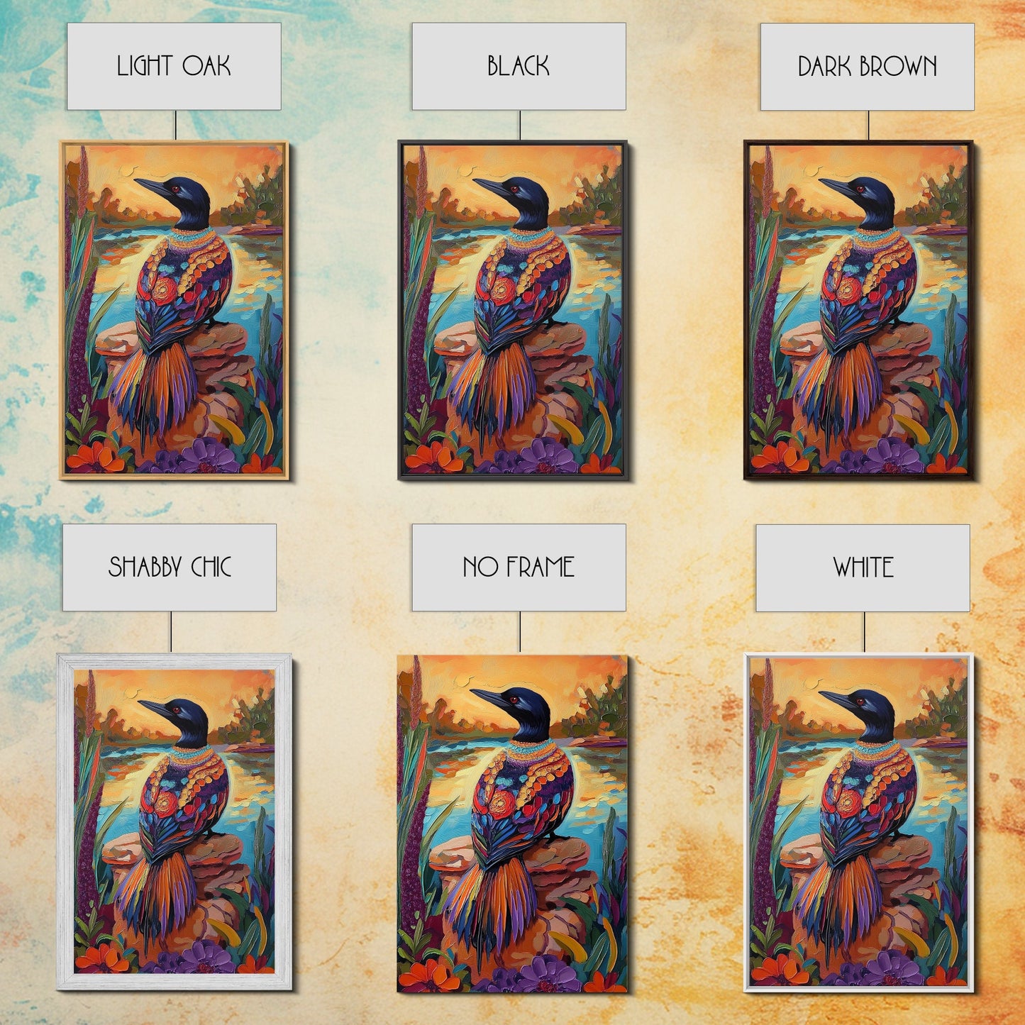 Jewel Loon, Sunset, Vibrant Bird Wall Art, Nature Wildlife Decor, Eclectic Home Accent, Living Room Boho Framed Canvas Print