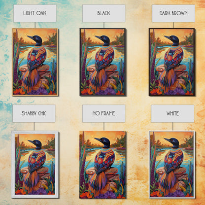 Jewel Loon, Sunset, Vibrant Bird Wall Art, Nature Wildlife Decor, Eclectic Home Accent, Living Room Boho Framed Canvas Print