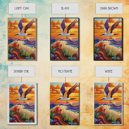 Flying Bird Sunset, Colorful Ocean Waves, Tropical Wildlife Art, Canvas Print, Boho Nature Decor, Fall Wall Accent, Vibrant Scene