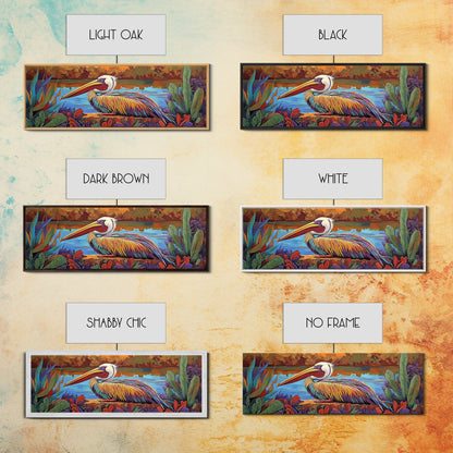Colorful Pelican, Tropical Bird, Lake Wildlife, Autumn Palette, Framed Canvas Print, Boho Nature Wall Art, Dining Room Bird Artwork