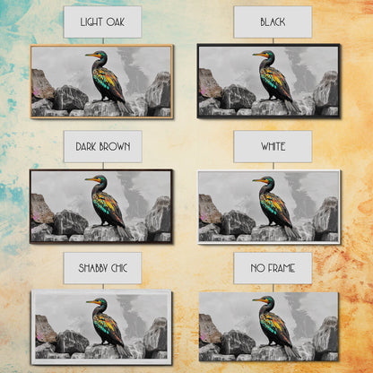 Vibrant Sea Bird, Colorful Wildlife Perch, Artistic Bird Feathers, Framed Canvas Print, Nature Wall Art, Office Decor, Boho Animal Style