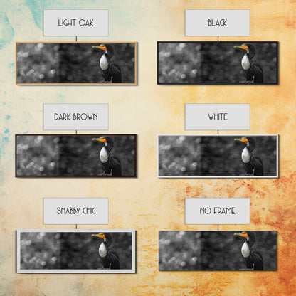 Black White Bird, Orange Beak Detail, Minimal Nature Portrait, Framed Canvas Print, Rustic Wall Art, Study or Cabin Decor