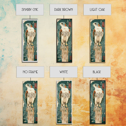 Majestic Hawk Perched On Weathered Stump Textured Background Skinny Art Tall Art Framed Canvas Print Japanese Style Art Ukiyo-e Art Wood Block Print