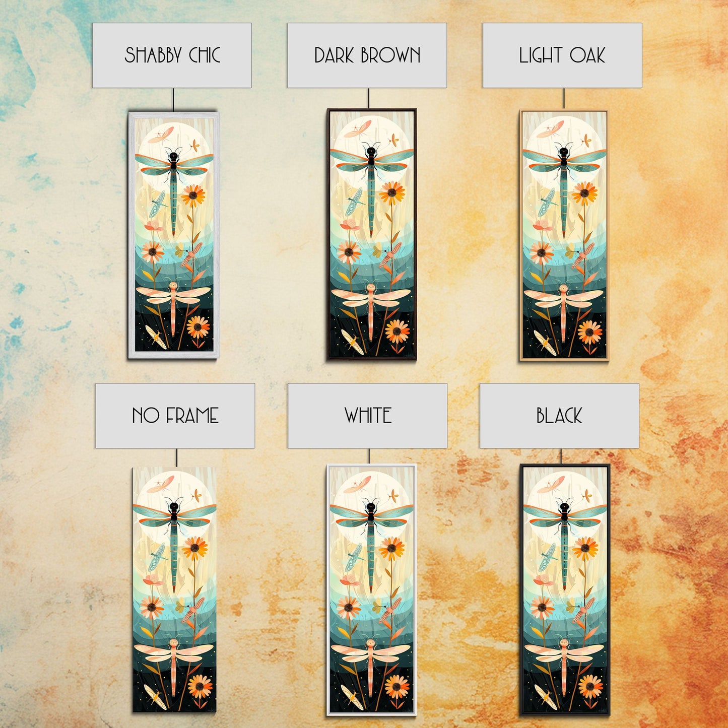 Dragonfly Gathering Night Glow Vibrant Colors Skinny Art Tall Art Framed Canvas Print Japanese Style Art Ukiyo-e Art Wood Block Print Insect Art