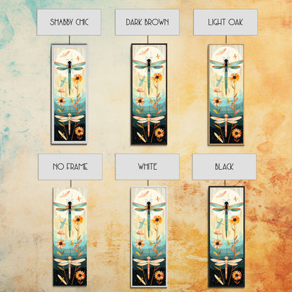 Dragonfly Gathering Night Glow Vibrant Colors Skinny Art Tall Art Framed Canvas Print Japanese Style Art Ukiyo-e Art Wood Block Print Insect Art