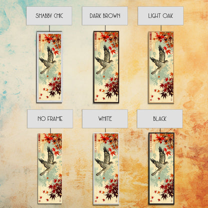 Hawk In Flight Among Red Maple Leaves Tall Art Skinny Art Framed Canvas Print Japanese Style Art Ukiyo-e Wood Block Print