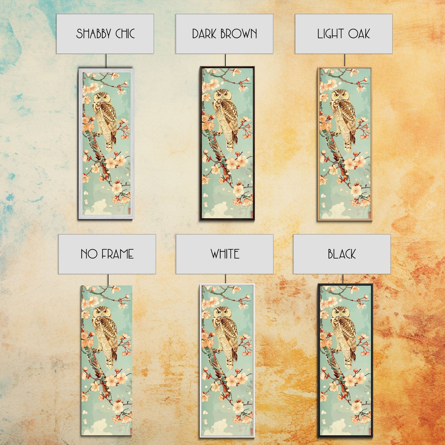 Owl Cherry Blossom Tree Traditional Japanese Tall Wall Art Skinny Framed Canvas Print Ukiyo-e Style