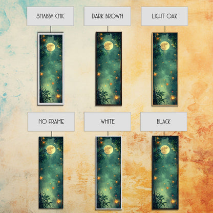 Enchanting Fireflies Illuminating Nighttime Forest Scene Under Full Moon Tall Framed Canvas Print Adding Magical Touch