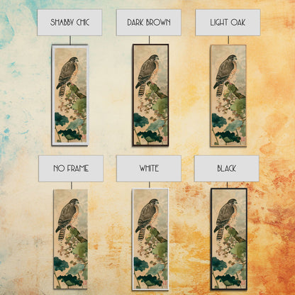 Majestic Hawk Perched Among Verdant Foliage Ukiyo-e Tall Skinny Wood Block Framed Canvas Print Japanese Style Art