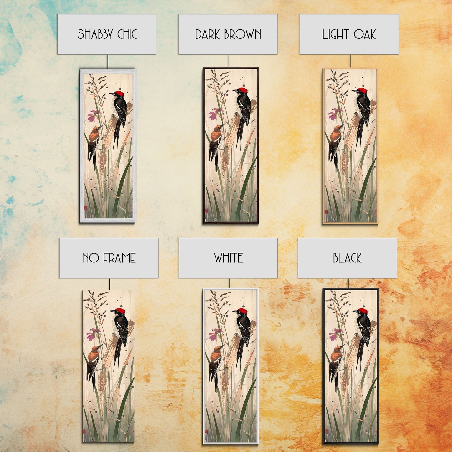 Detailed Woodpeckers Perched On Stems Amid Nature For Rustic Wall Art Ukiyo-e Japanese Style Art Skinny Framed Canvas Print