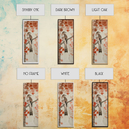 Majestic Hawk Perched Among Autumn Leaves, Framed Canvas Print In Skinny Tall Style, Japanese Style Art For Feng Shui Wall Art