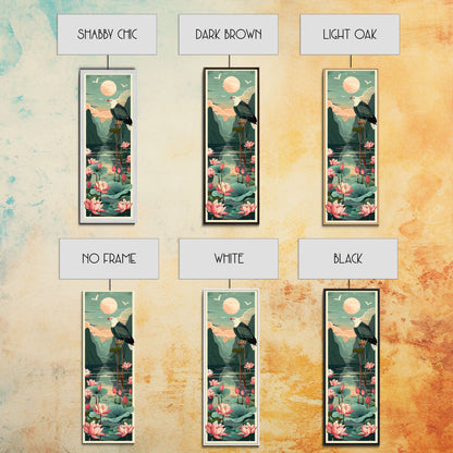 Majestic Eagle Over Lotus Pond Skinny Art Tall Art Japanese Ukiyo-e Inspired Nature Framed Canvas Print for Home and Office